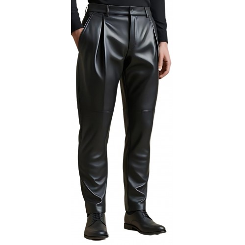 Pantalon à pinces homme en cuir d'agneau noir modèle Gilberto