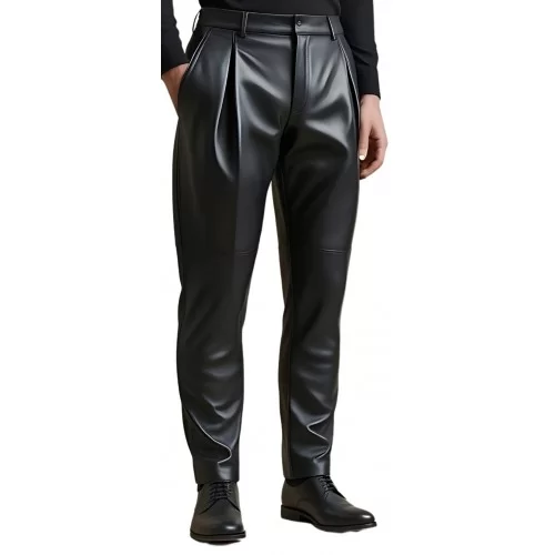 Pantalon à pinces homme en cuir d'agneau noir modèle Gilberto