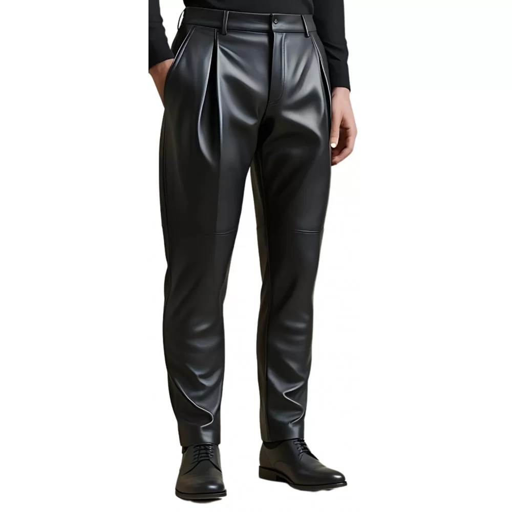 Pantalon à pinces homme en cuir d'agneau noir modèle Gilberto