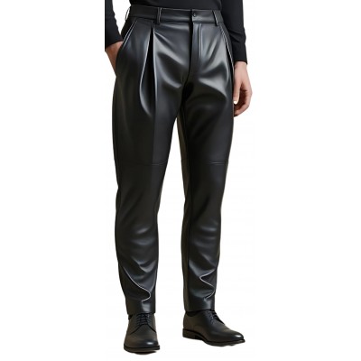 Pantalon à pinces homme en cuir d'agneau noir modèle Gilberto