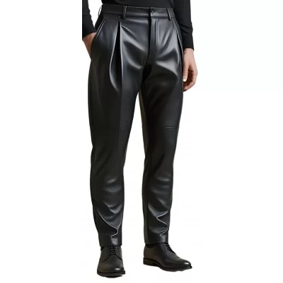 Pantalon à pinces homme en cuir d'agneau noir modèle Gilberto