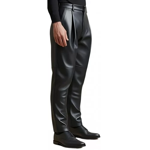 Pantalon à pinces homme en cuir d'agneau noir modèle Gilberto