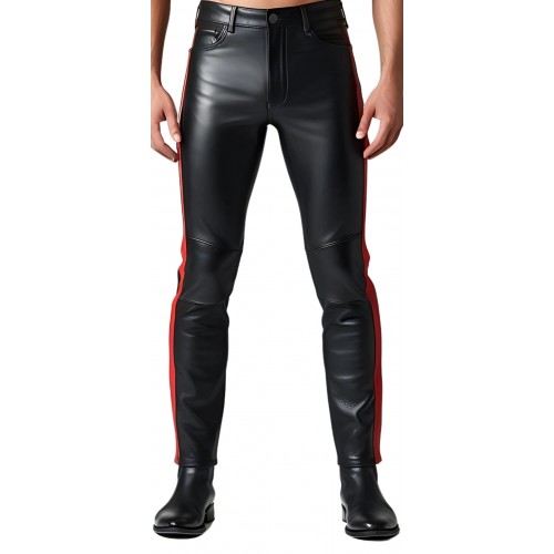 Pantalon coupe jeans homme en cuir d'agneau noir avec deux bandes rouges modèle Gasparik