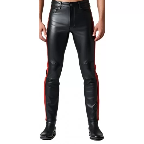 Pantalon coupe jeans homme en cuir d'agneau noir avec deux bandes rouges modèle Gasparik