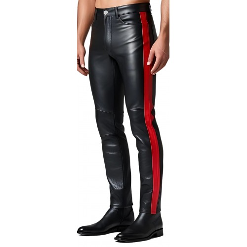 Pantalon coupe jeans homme en cuir d'agneau noir avec deux bandes rouges modèle Gasparik