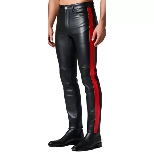 Pantalon coupe jeans homme en cuir d'agneau noir avec deux bandes rouges modèle Gasparik