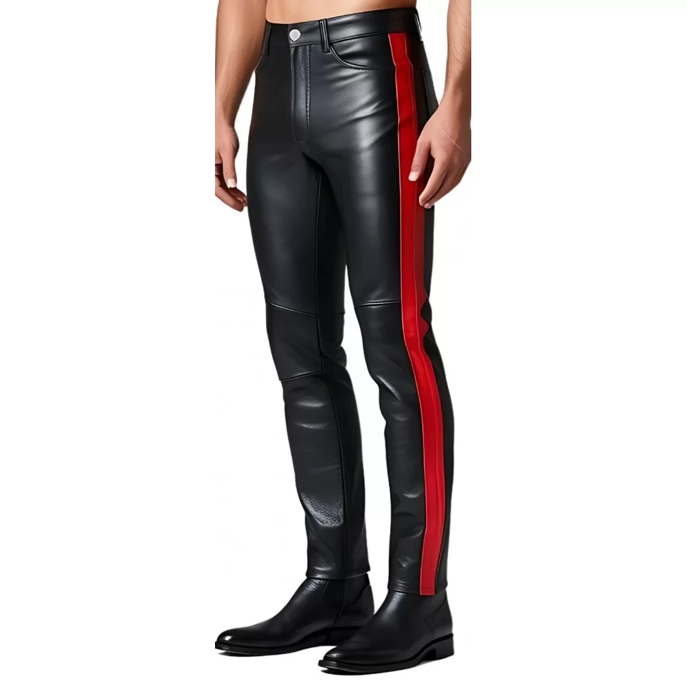 Pantalon coupe jeans homme en cuir d'agneau noir avec deux bandes rouges modèle Gasparik
