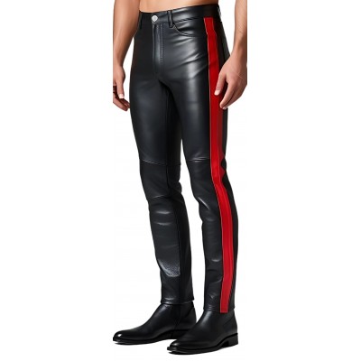 Pantalon coupe jeans homme en cuir d'agneau noir avec deux bandes rouges modèle Gasparik