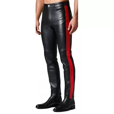 Pantalon coupe jeans homme en cuir d'agneau noir avec deux bandes rouges modèle Gasparik