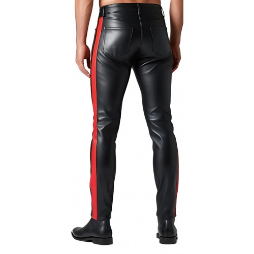 Pantalon coupe jeans homme en cuir d'agneau noir avec deux bandes rouges modèle Gasparik