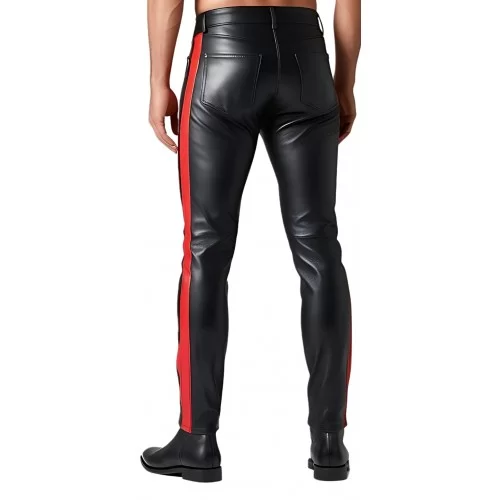 Pantalon coupe jeans homme en cuir d'agneau noir avec deux bandes rouges modèle Gasparik