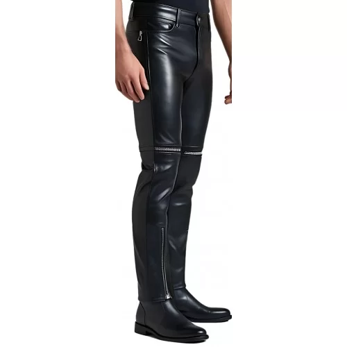 Pantalon jeans homme en cuir d'agneau noir multi zips modèle Gaspyre