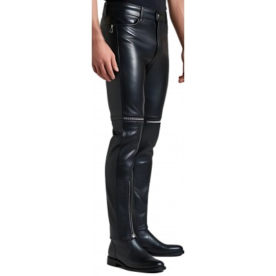 Pantalon jeans homme en cuir d'agneau noir multi zips modèle Gaspyre