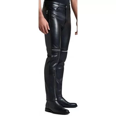 Pantalon jeans homme en cuir d'agneau noir multi zips modèle Gaspyre