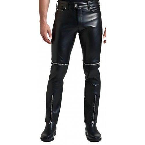 Pantalon jeans homme en cuir d'agneau noir multi zips modèle Gaspyre