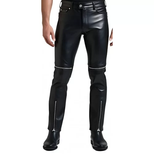 Pantalon jeans homme en cuir d'agneau noir multi zips modèle Gaspyre