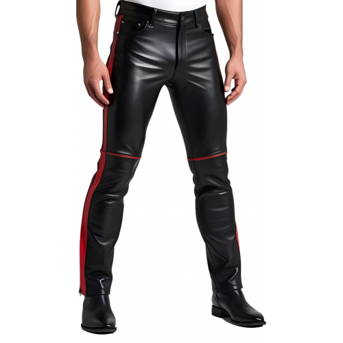 Pantalon coupe jeans homme en cuir d'agneau noir avec bandes en cuir d'agneau rouge modèle Arthrace