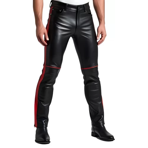 Pantalon coupe jeans homme en cuir d'agneau noir avec bandes en cuir d'agneau rouge modèle Arthrace