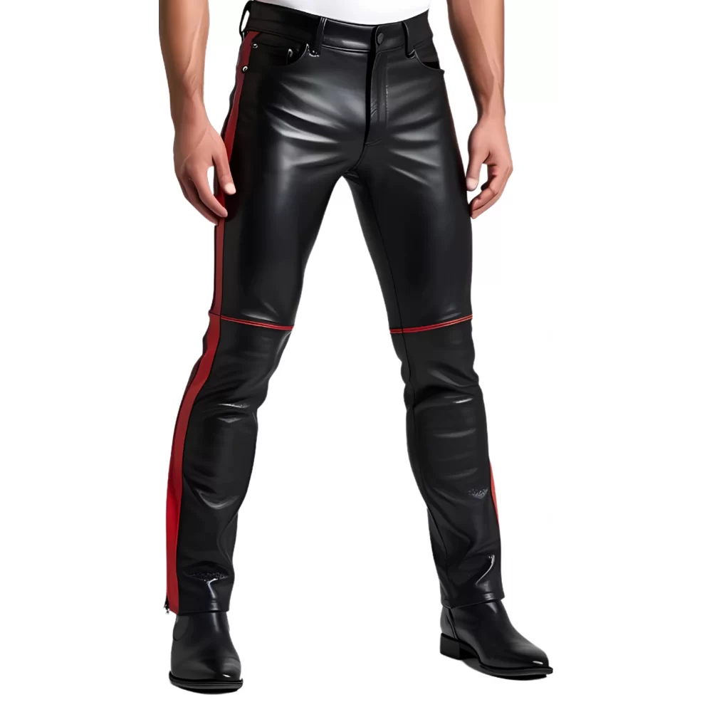Pantalon coupe jeans homme en cuir d'agneau noir avec bandes en cuir d'agneau rouge modèle Arthrace