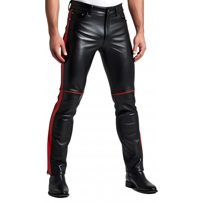 Pantalon coupe jeans homme en cuir d'agneau noir avec bandes en cuir d'agneau rouge modèle Arthrace