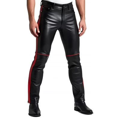 Pantalon coupe jeans homme en cuir d'agneau noir avec bandes en cuir d'agneau rouge modèle Arthrace