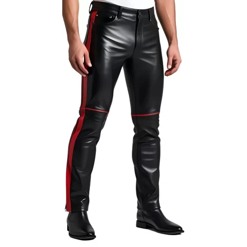 Pantalon coupe jeans homme en cuir d'agneau noir avec bandes en cuir d'agneau rouge modèle Arthrace