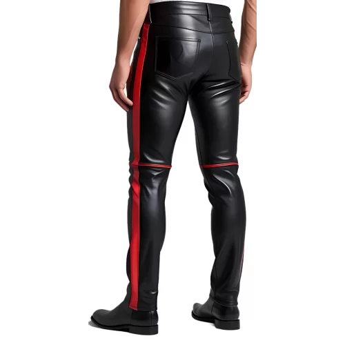 Pantalon coupe jeans homme en cuir d'agneau noir avec bandes en cuir d'agneau rouge modèle Arthrace