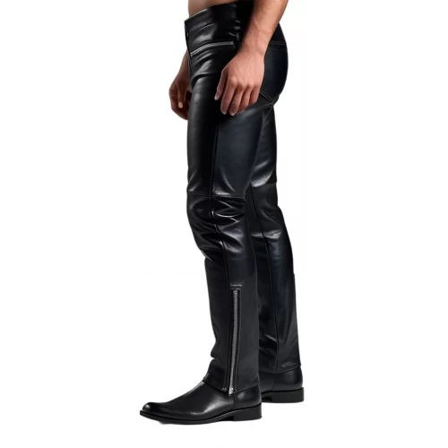 Pantalon homme cuir coupe motard en vachette noir multi zips modèle Bike
