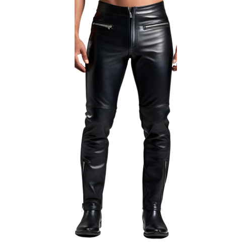 Pantalon homme cuir coupe motard en vachette noir multi zips modèle Bike