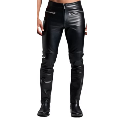 Pantalon homme cuir coupe motard en vachette noir multi zips modèle Bike