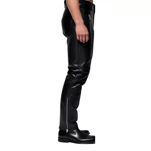 Pantalon homme cuir coupe motard en vachette noir multi zips modèle Bikyno