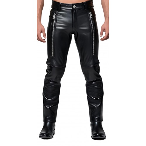 Pantalon homme cuir coupe motard en vachette noir multi zips modèle Bikyno