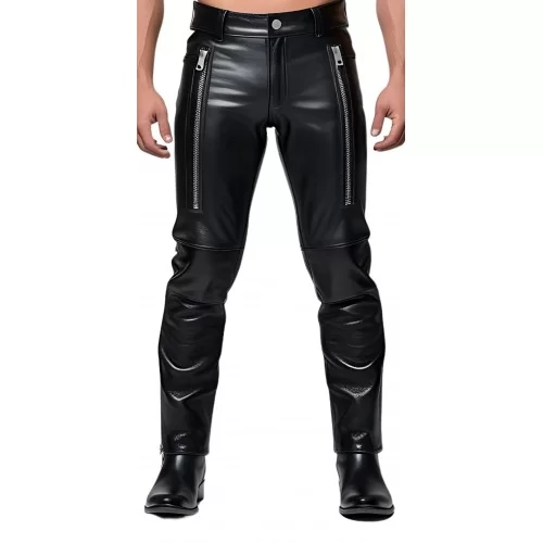 Pantalon homme cuir coupe motard en vachette noir multi zips modèle Bikyno