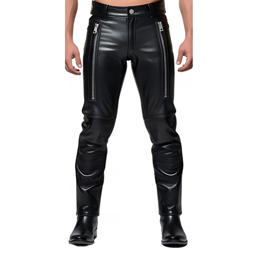 Pantalon homme cuir coupe motard en vachette noir multi zips modèle Bikyno
