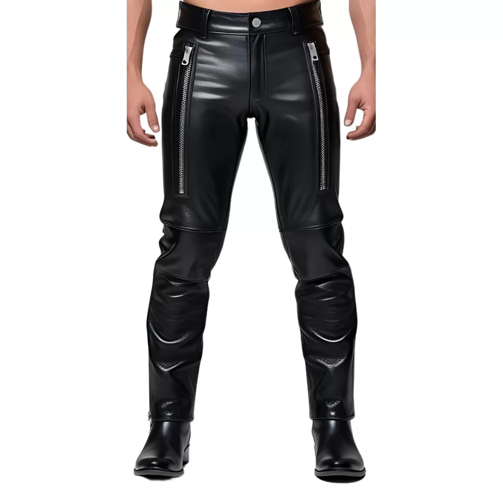 Pantalon homme cuir coupe motard en vachette noir multi zips modèle Bikyno