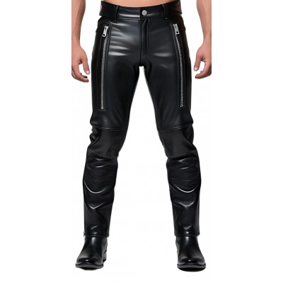 Pantalon homme cuir coupe motard en vachette noir multi zips modèle Bikyno