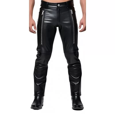 Pantalon homme cuir coupe motard en vachette noir multi zips modèle Bikyno