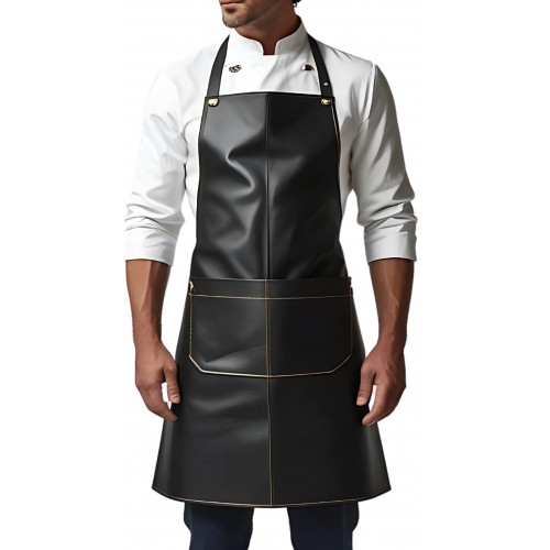 Tablier en cuir d'agneau noir surpiqures marron modèle Turkeur