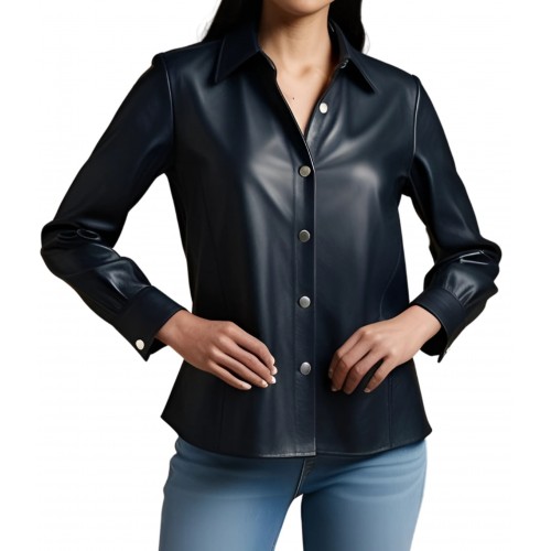 Chemise femme coupe classique en cuir d'agneau noir manches longues modèle Ubrice