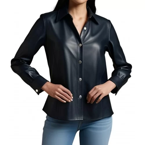 Chemise femme coupe classique en cuir d'agneau noir manches longues modèle Ubrice