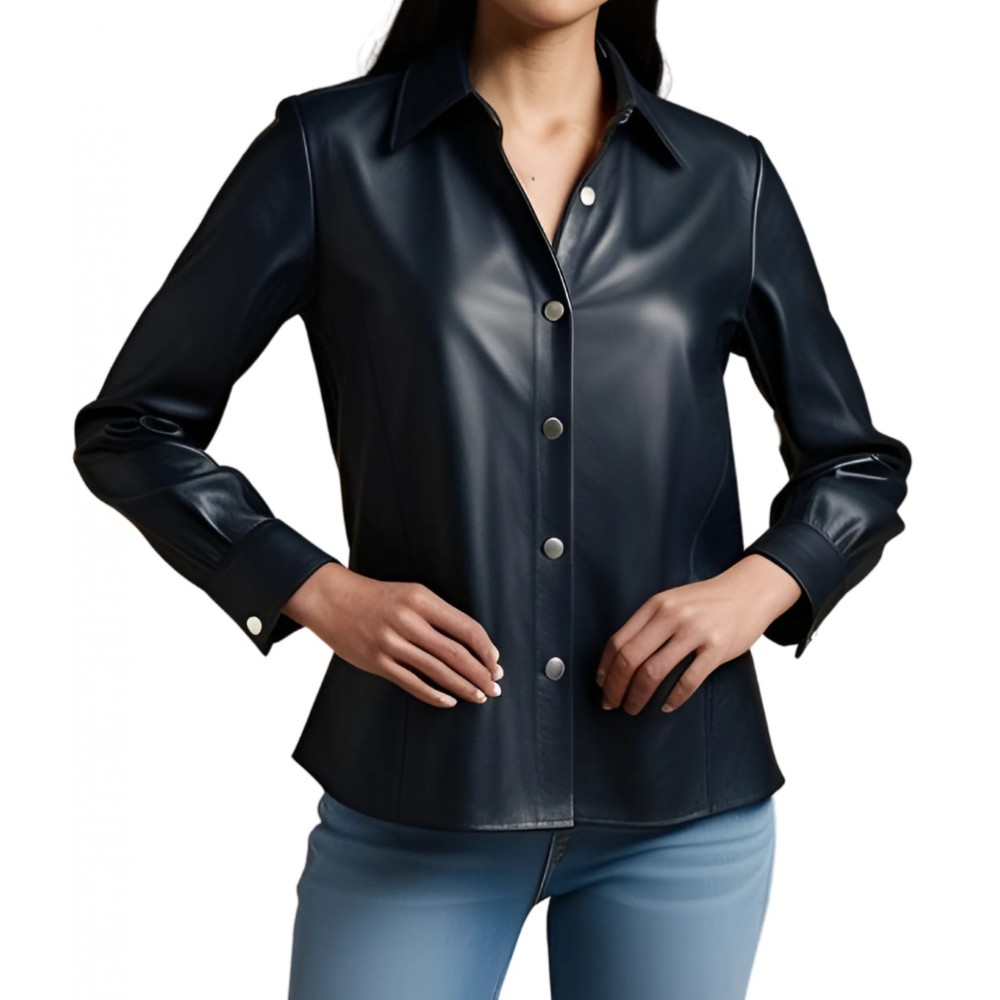 Chemise femme coupe classique en cuir d'agneau noir manches longues modèle Ubrice