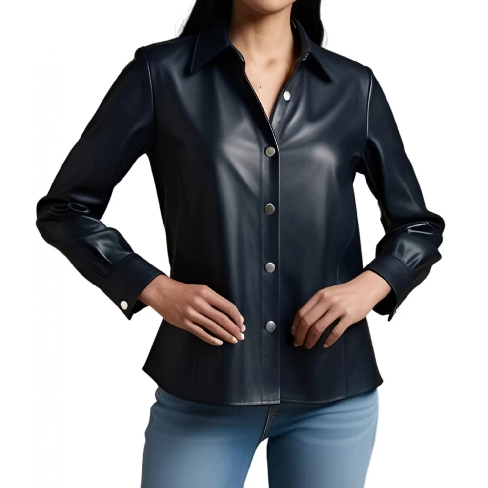 Chemise femme coupe classique en cuir d'agneau noir manches longues modèle Ubrice