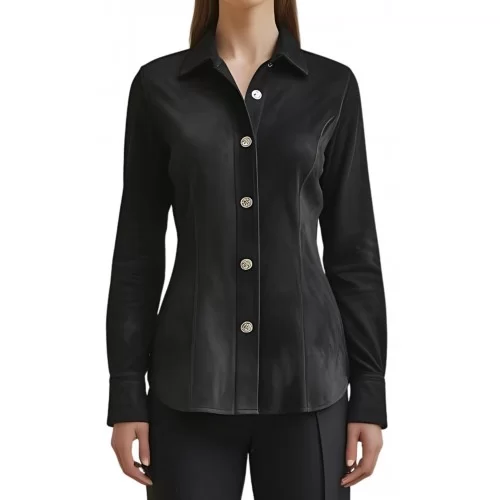 Chemise femme en peau d'agneau velours noir daim manches longues modèle Amélia