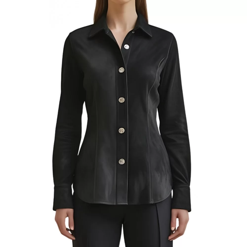 Chemise femme en peau d'agneau velours noir daim manches longues modèle Amélia