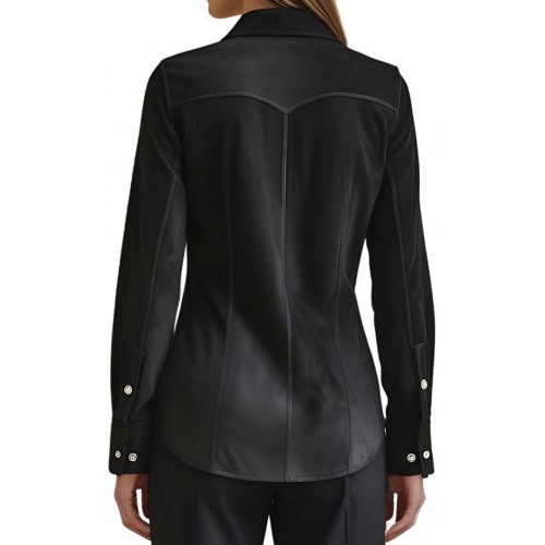 Chemise femme en peau d'agneau velours noir daim manches longues modèle Amélia