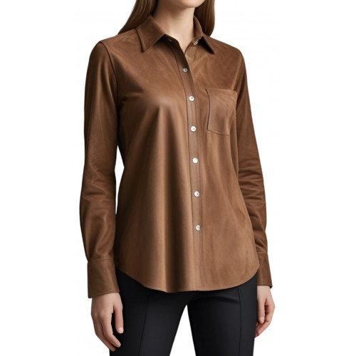 Chemise femme coupe classique en peau d'agneau velours daim marron modèle Jade