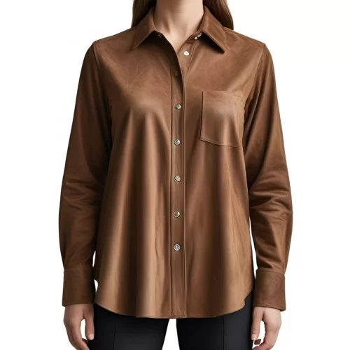 Chemise femme coupe classique en peau d'agneau velours daim marron modèle Jade