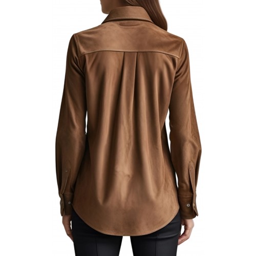 Chemise femme coupe classique en peau d'agneau velours daim marron modèle Jade