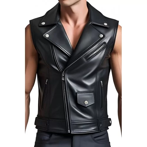 Gilet cuir homme style perfecto en veau noir modèle Pakiton