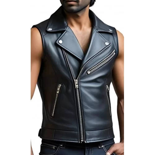 Gilet cuir homme style perfecto en veau noir modèle Adam